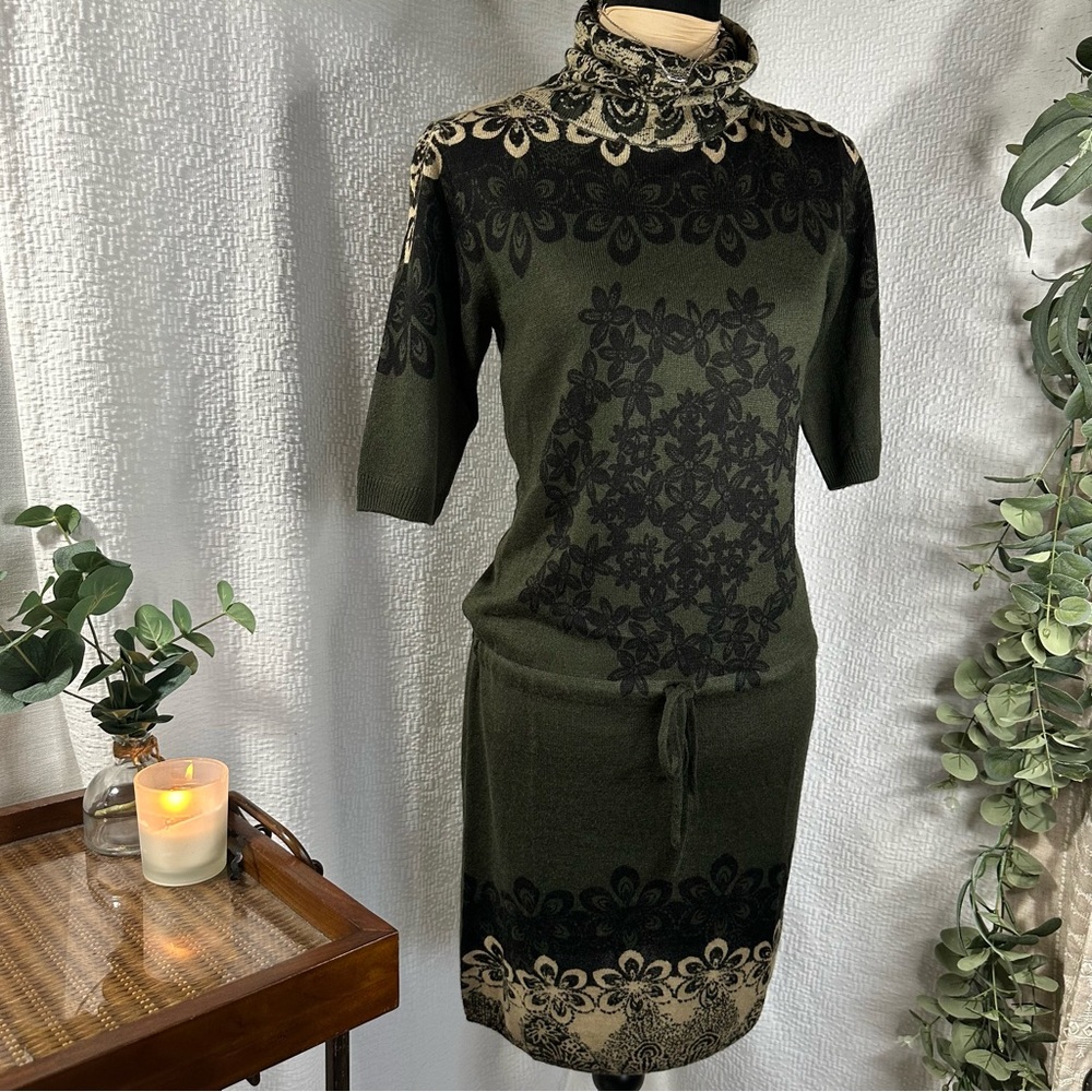 Desigual Olive Green and Black Midi Dress with Cream Accents